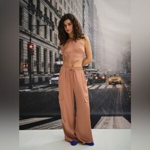 NWT For Love and Lemons Wide Leg Drawstring Satin Cargo Pants in Champagne | Sm